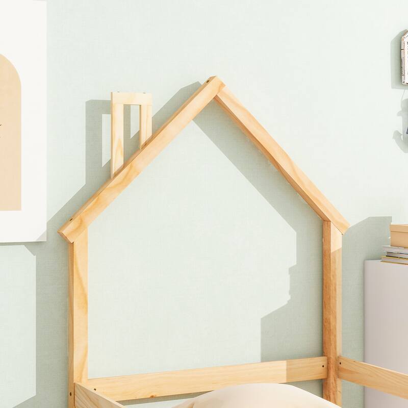 Whimsical Twin Floor Bed with House-Style Headboard and Full-Length Guardrails for Kids