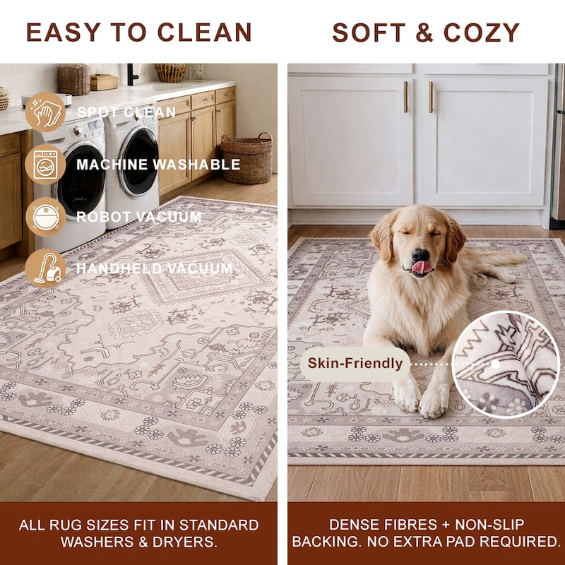 ECARPETGALLERY Oriana Traditional Machine Washable Beige & Grey Area Rug