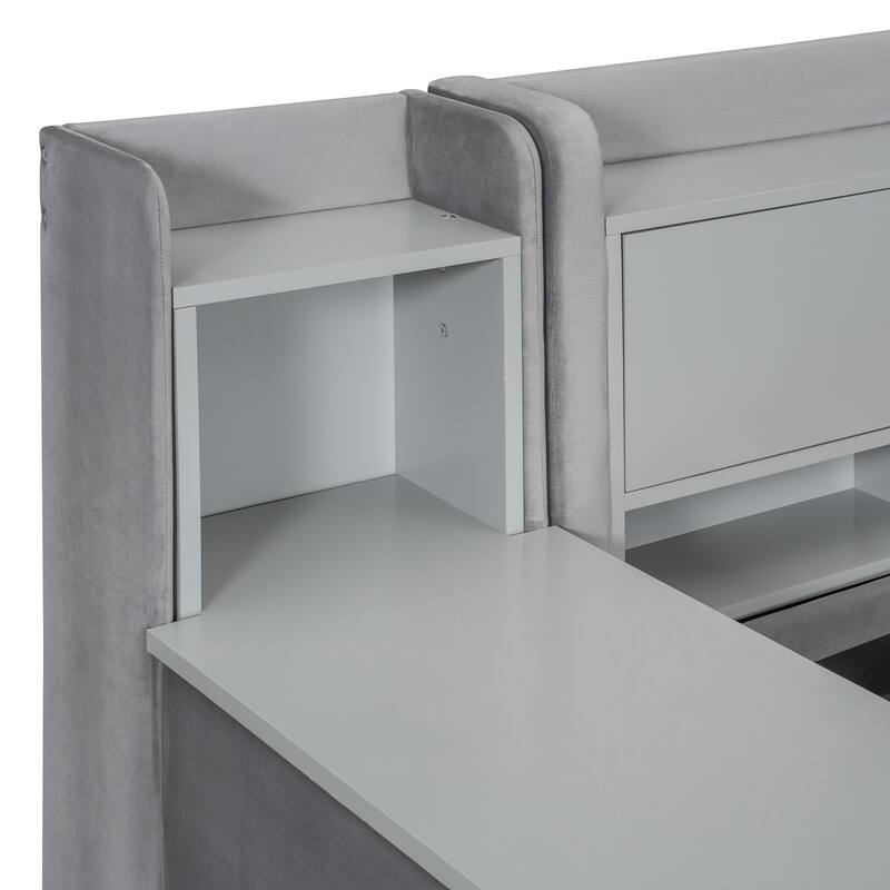 Twin Upholstered Daybed with Drawers, Shelves, Flip Cabinets & Side Table in Gray