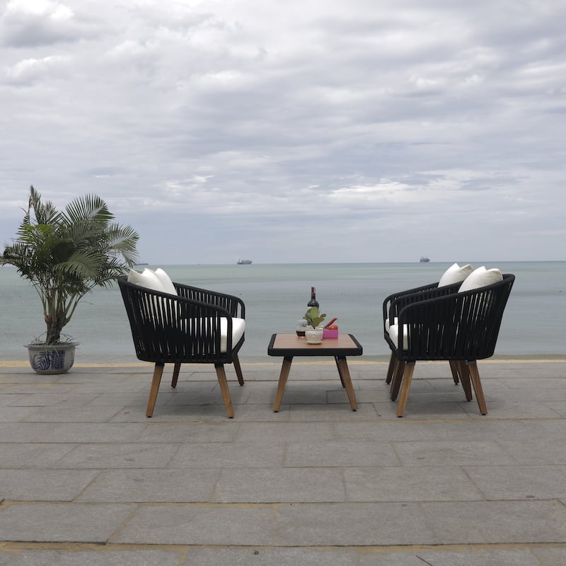 SAFAVIEH Outdoor Amelie 4 Piece Coastal Patio Chat Set - 55W x 31D x 28H - Black/Beige