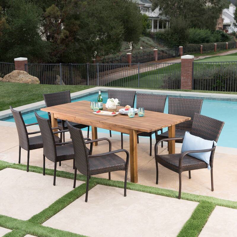 Christopher Knight Home Lambert Outdoor Wicker and Wood Expandable Rectangular Dining Set