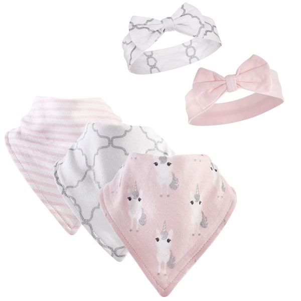 slide 1 of 1, Hudson Baby Infant Girl Cotton Bib and Headband Set 5pk, Pink Unicorn, One Size - Pink Unicorn - One Size One Size - Pink Unicorn