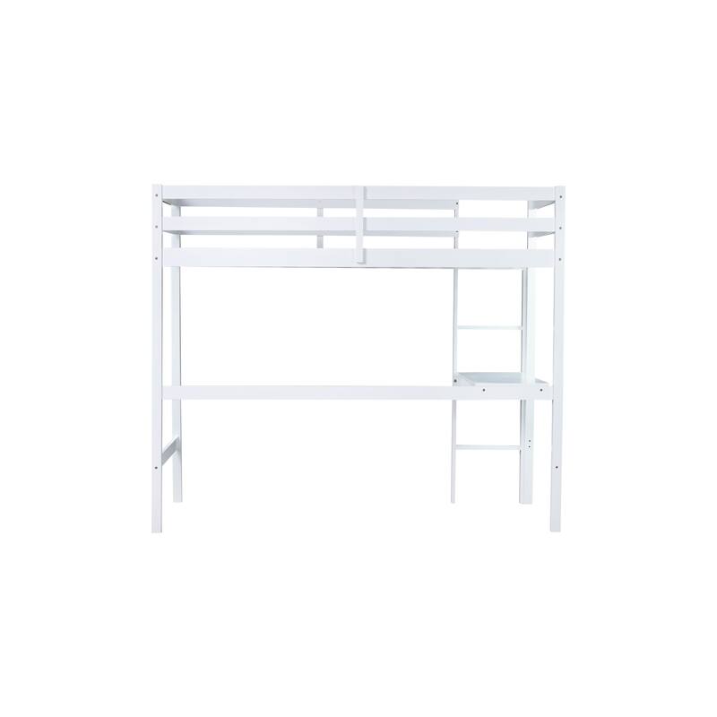 Twin High Loft Bed, Rubber Wood Loft Bed with Safety Guardrail, built-in desk,ladder