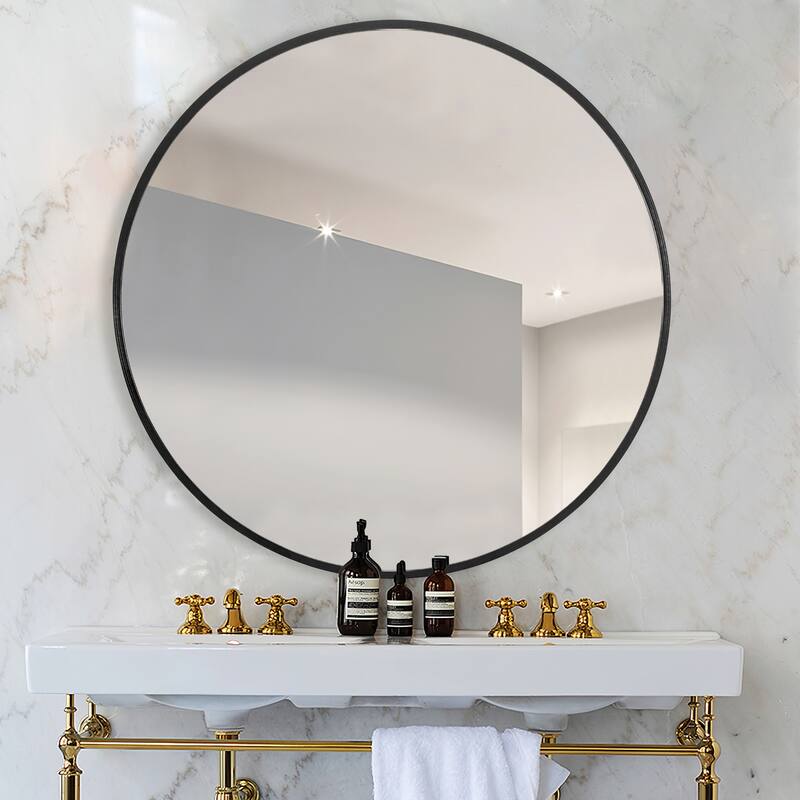 Wall Round Mirror 30'' Modern Brushed Metal Frame Wall-Mounted