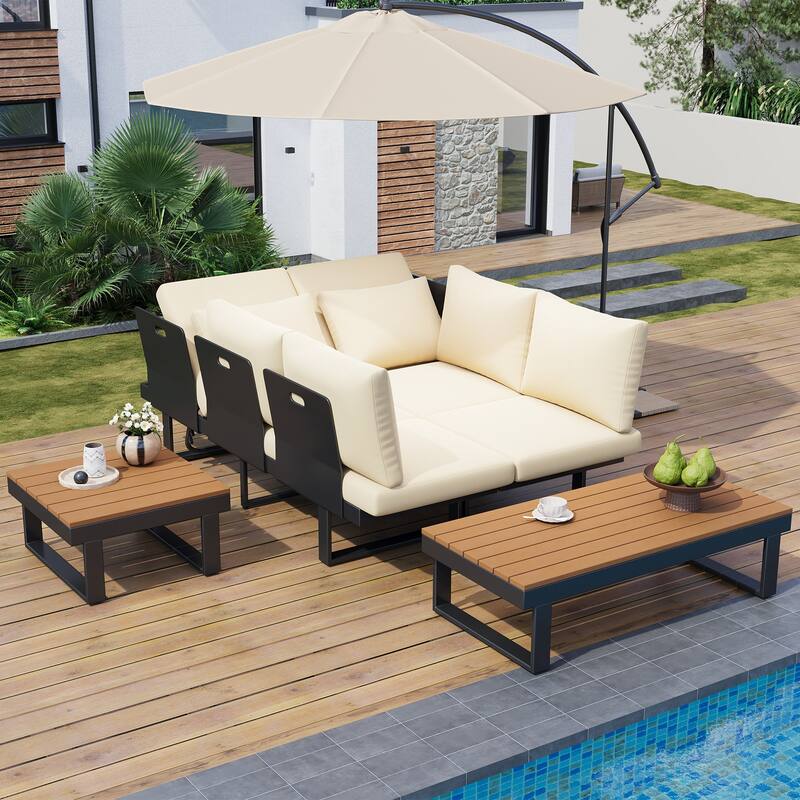 Outdoor Patio Conversation Sofa Set L-shape Sectional Sofa Set with Adjustable Reclining Seats, Coffee Table, Side Table