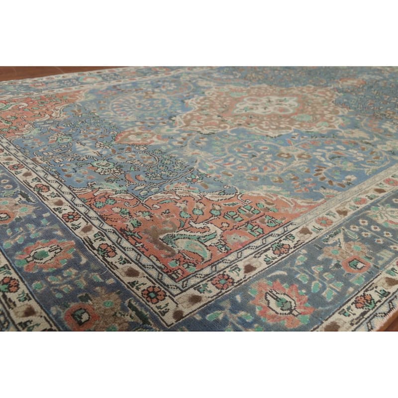 Blue Floral Tabriz Persian Vintage Area Rug Handmade Wool Carpet - 6'7"x 9'11"