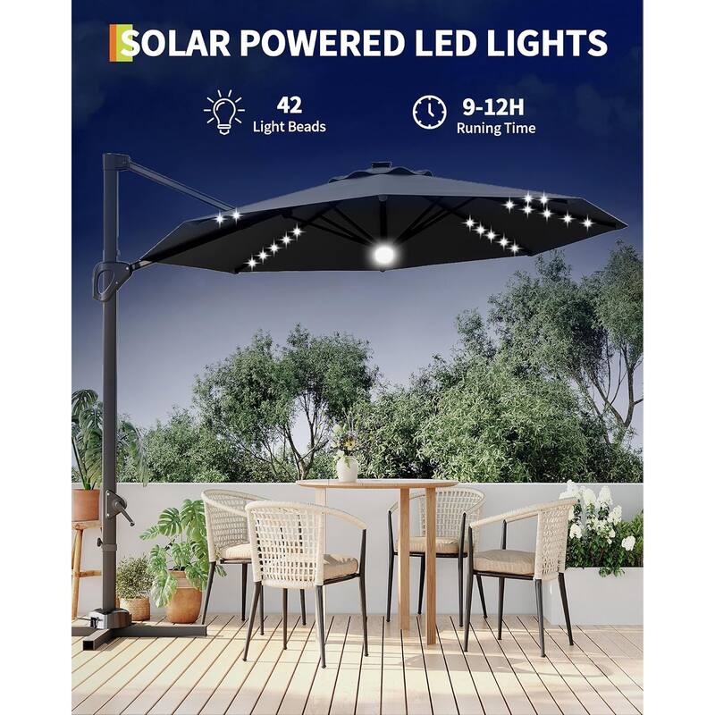 10FT Outdoor Cantilever Umbrella Patio Umbrella Solar LED with Base Included, 360-Degree Rotation