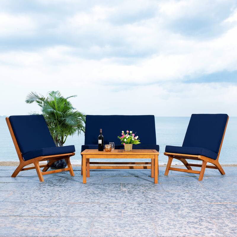 SAFAVIEH Outdoor Aryana 4-Piece Conversation Patio Set with Accent Pillow - 46W x 34D x 32H - Natural Wood/Navy Cushion