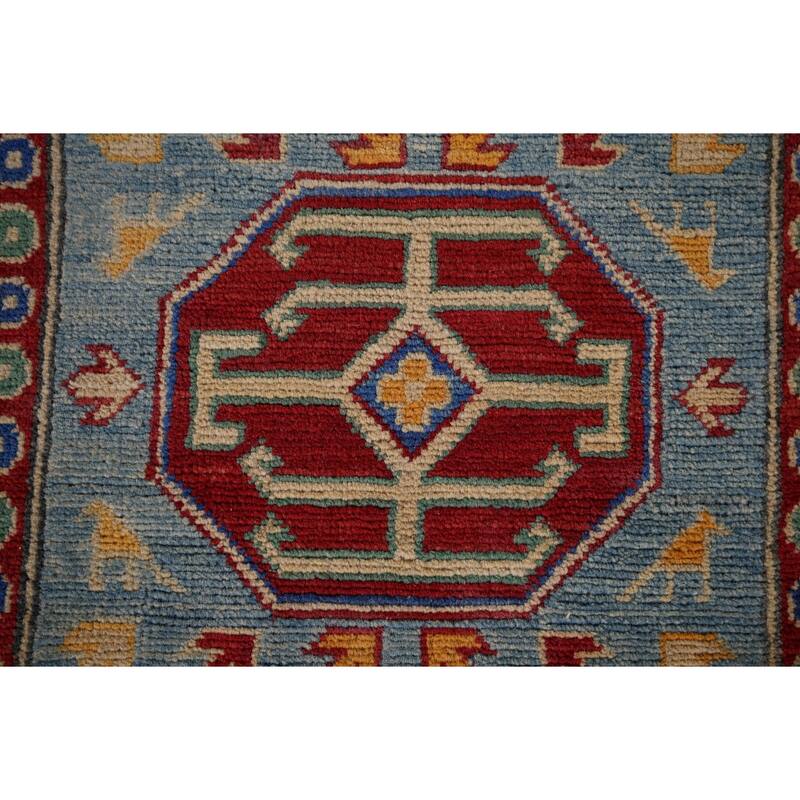 Light Blue Geometric Kazak Runner Rug Hand-Knotted Wool Carpet - 2'7" x 20'8"