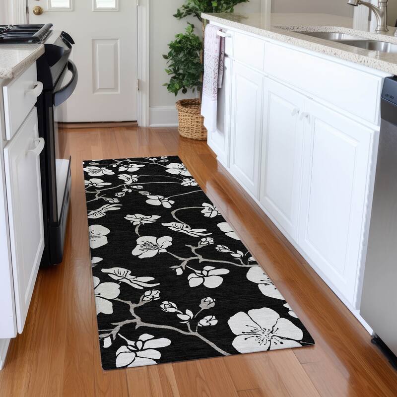 Premium Washable Super Soft Modern Floral Mayfield Rug - Black - 2'3" x 7'6"