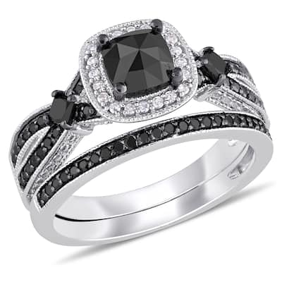Miadora Signature Collection Sterling Silver with Black Rhodium 1 1/2ct TDW Black and White Diamond Split Shank Bridal Ring Set