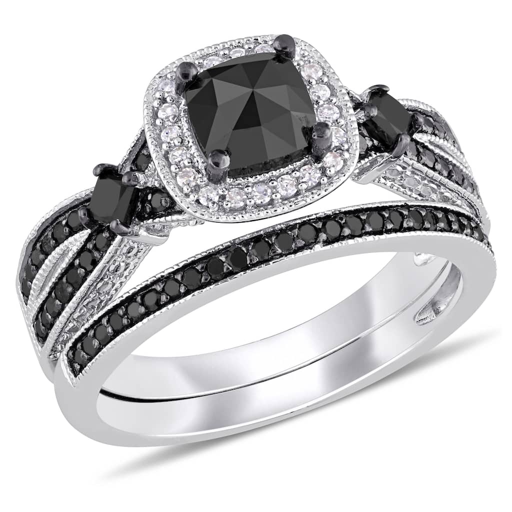 Miadora Signature Collection Sterling Silver with Black Rhodium 1 1/2ct TDW Black and White Diamond Split Shank Bridal Ring Set