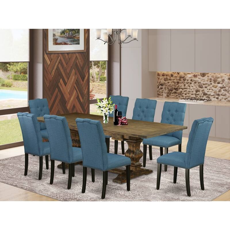9-Piece Dining Table Set with Chairs - Linen Fabric Dining Room Set - Distressed Jacobean & Black Finish - 92