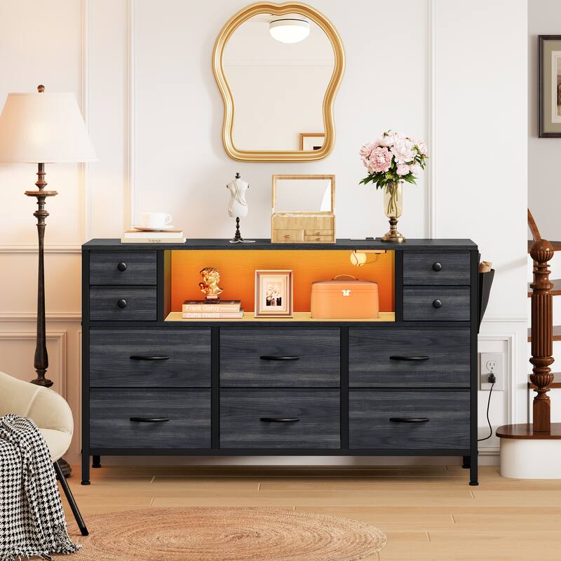 Moasis 10-drawer Dresser Media Console with Charging Station, RGB Lights, Side Pockets & Hooks