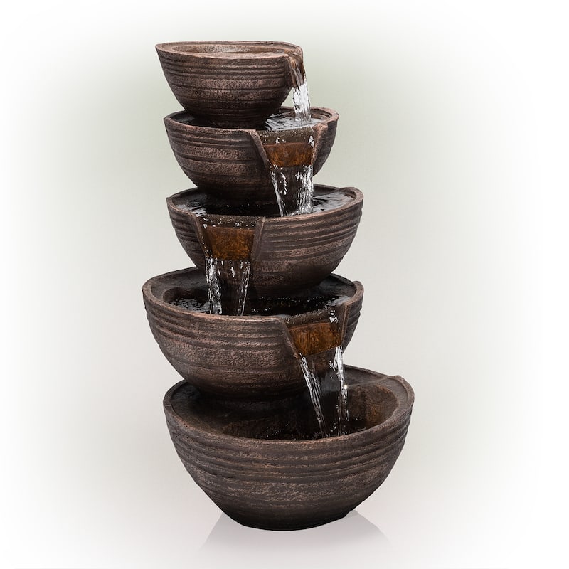 Alpine Corporation 34" Tall Outdoor 5-Tier Modern Bowl Cascading Waterfall Fountain with LED Lights