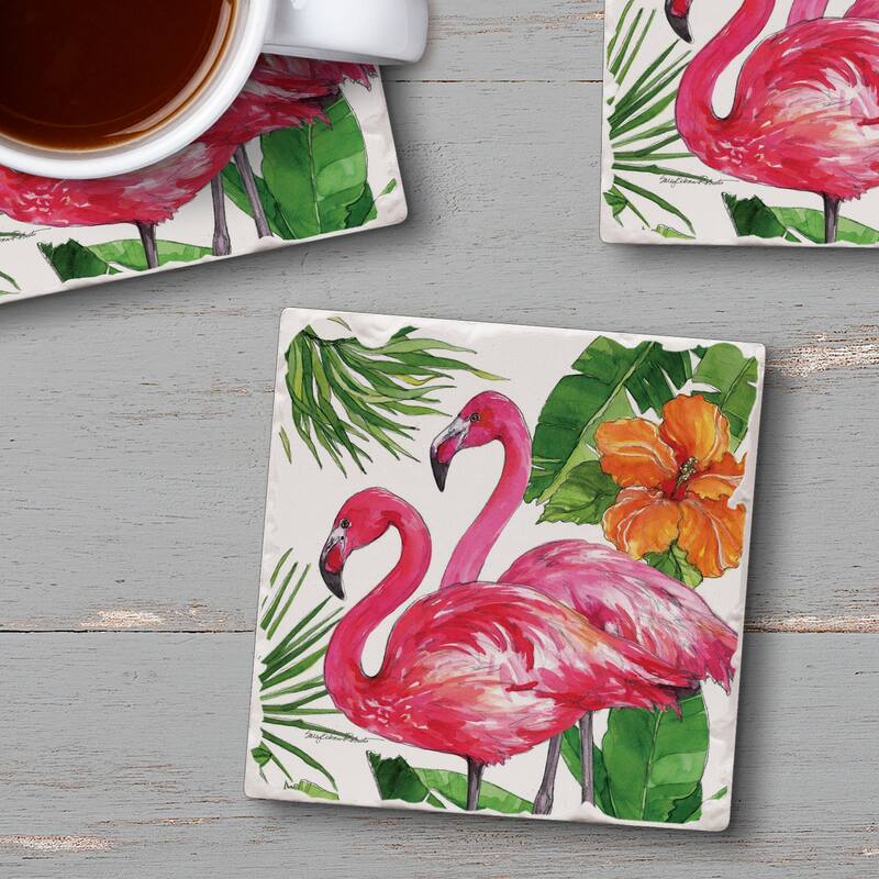 Counterart Absorbent Stone Coasters - Flamingo Tropical - Set of 4 - 4x4x1.222