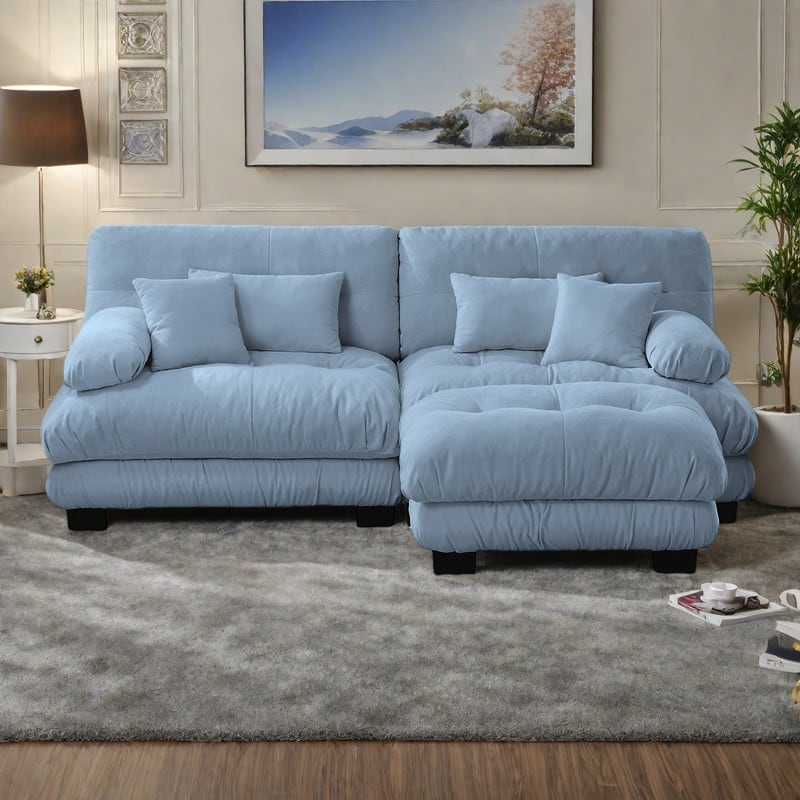 94.4" 2-Seater Chenille Cloud Couch with 4 Pillows and Convertible Ottoman - Blue