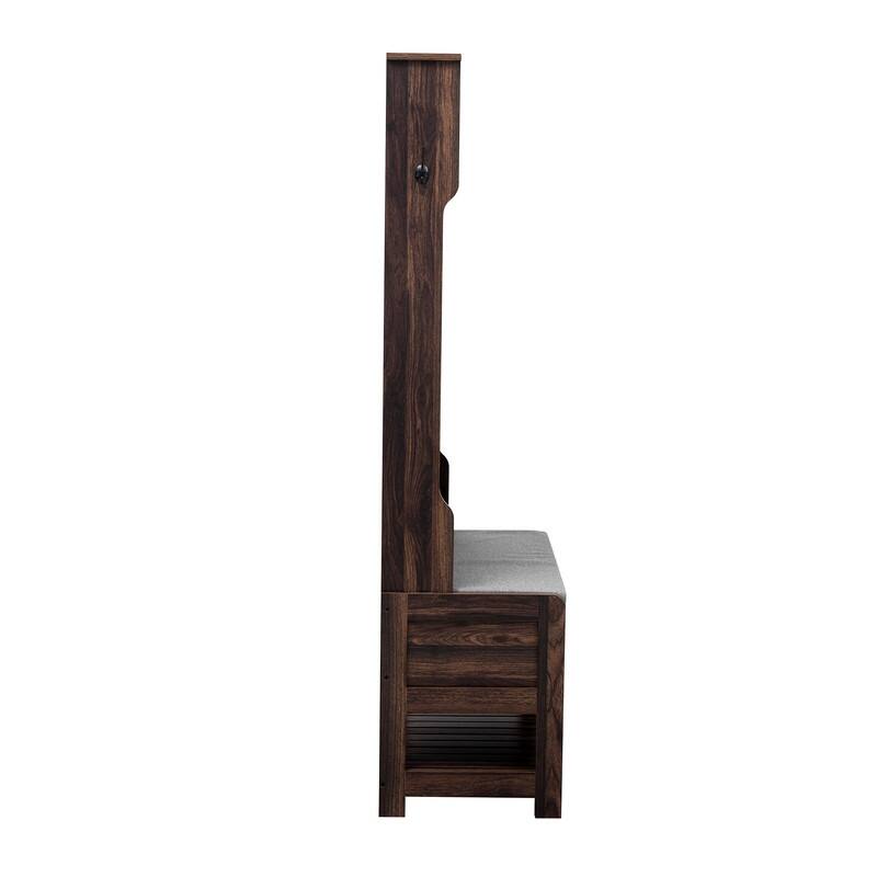 3-in-1 Design Hall Tree with 6 Hooks and Hinged Lid，Entryway Bench with Coat Hanger