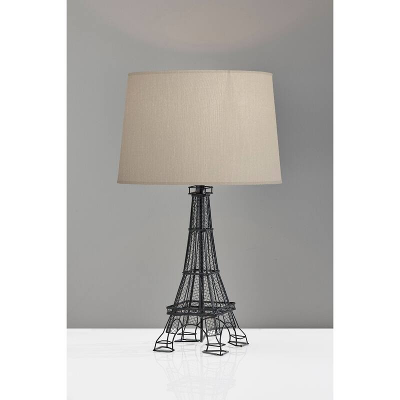 Black Acrylic Eiffel Tower Table Lamp with White Drum Shade and Rotary Switch - 15” x 15” x 25” (D x W x H)