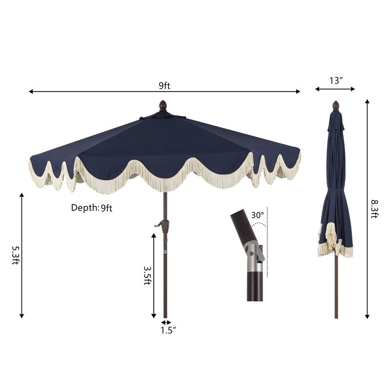 9ft Tassel Patio Umbrella Auto-Tilt, Crank , by JONATHAN Y