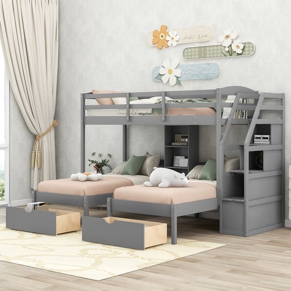slide 2 of 15, Triple Bunk Bed with Storage Drawers and Staircase, Grey Grey