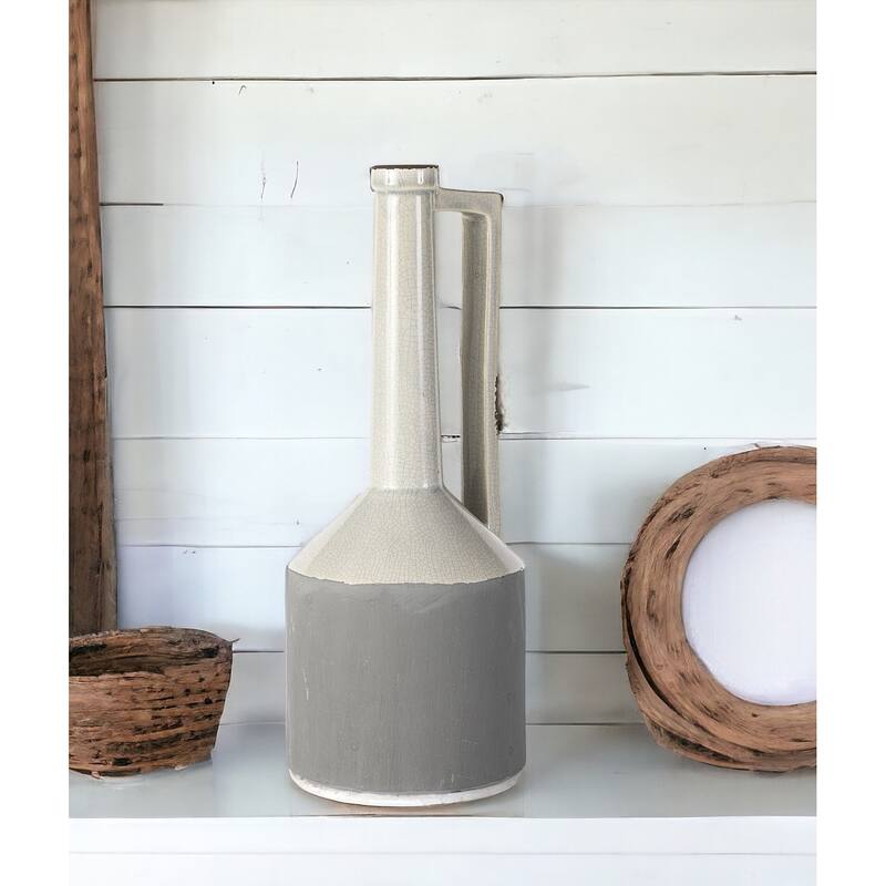 HomeRoots 16" Gray and Off White Ceramic Tall Jug Vase - 6.3"W x 6.3"D x 15.75"H