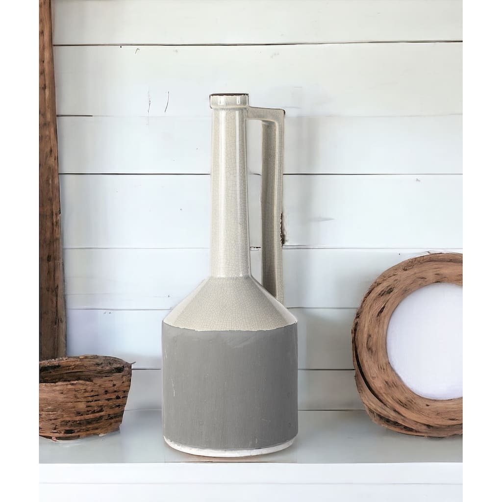 HomeRoots 16" Gray and Off White Ceramic Tall Jug Vase