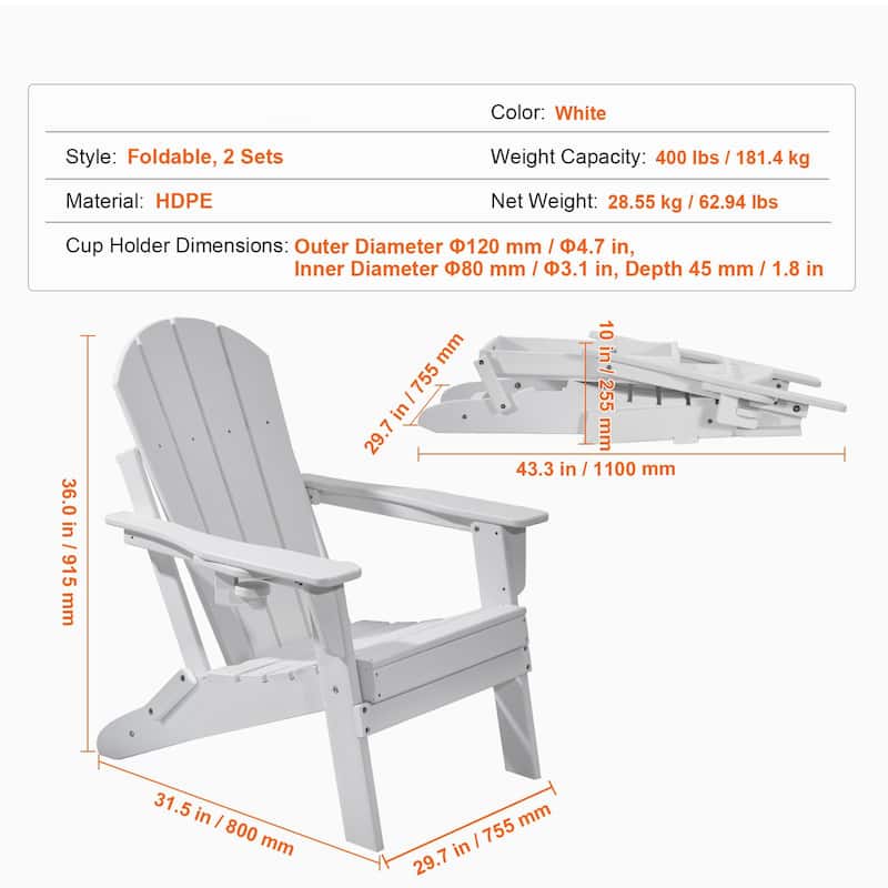 Set of 2 HDPE Folding Adirondack Chair with Wider Seat and Curved Backrest Ideal for Outdoor Use - 31.5 × 29.7 × 36.0 in