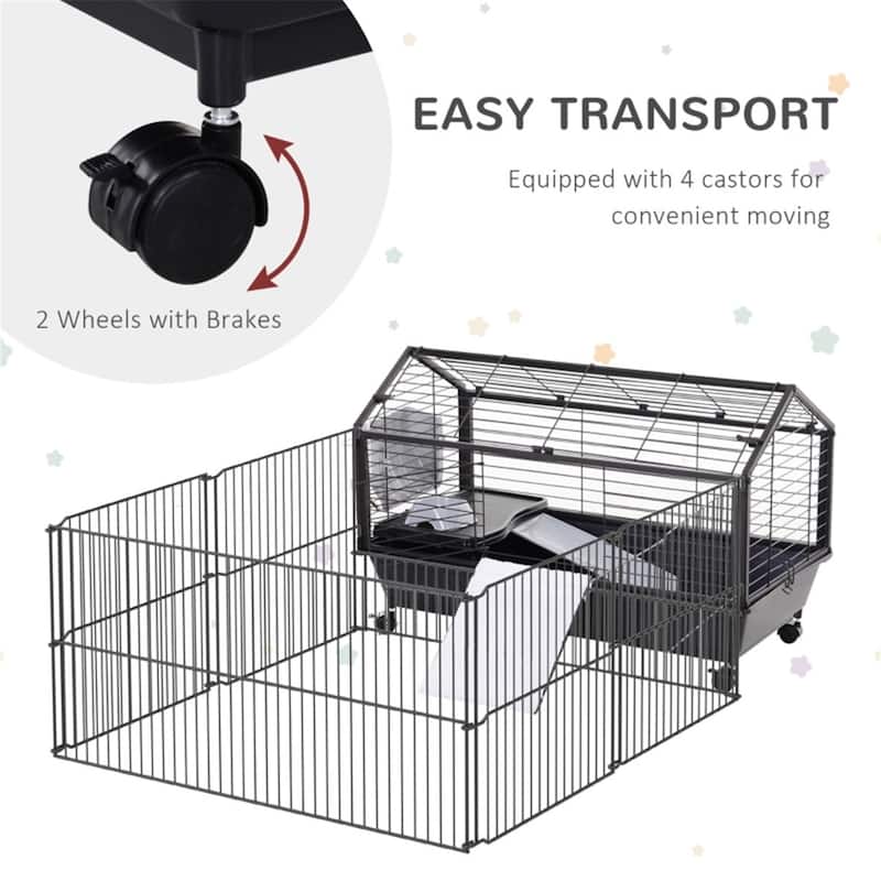 Black Small Playpen Cage with Soft and Comfortable Fleece Ramp - 34.75" L x 50.5" W x 22" H