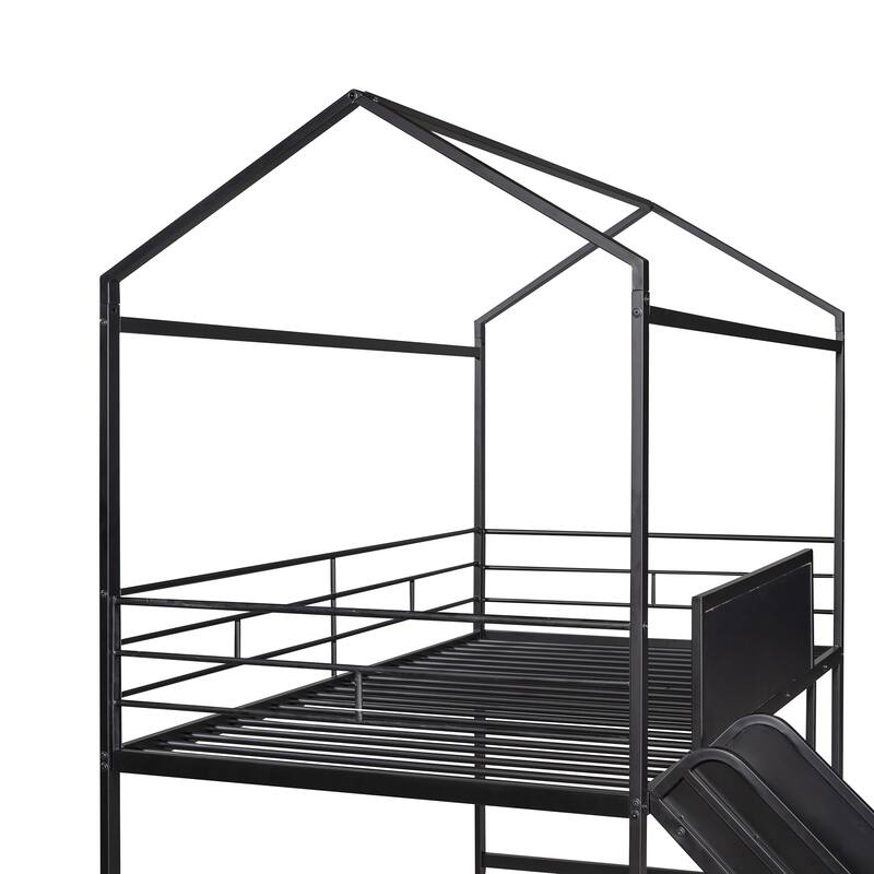 Twin Size Metal Loft Bed with Slide & Two-Sided Writable Wooden Boards - Metal House Bed Design