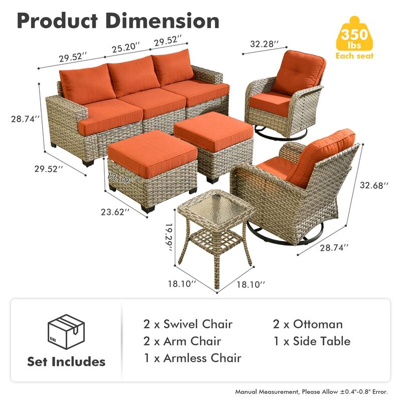 OVIOS 8 Pieces Wide Arm T shaped Seat Curved Swivel Chair Set With Ottoman