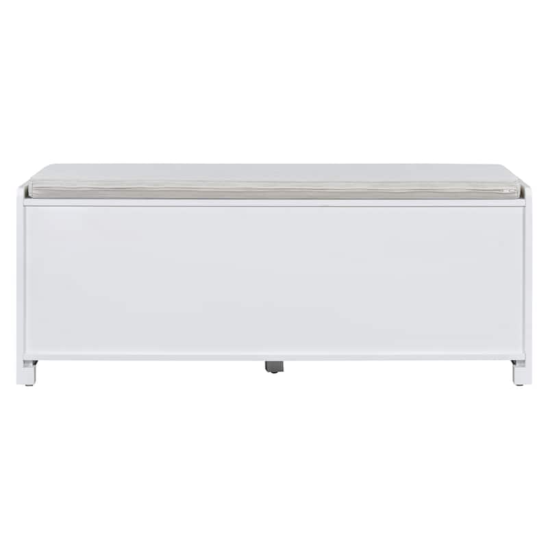 Rustic Storage Bench Multifunctional Wood Entryway Shoe Bench with Removable Cushion, Woven Rattan Doors & Adjustable Shelves