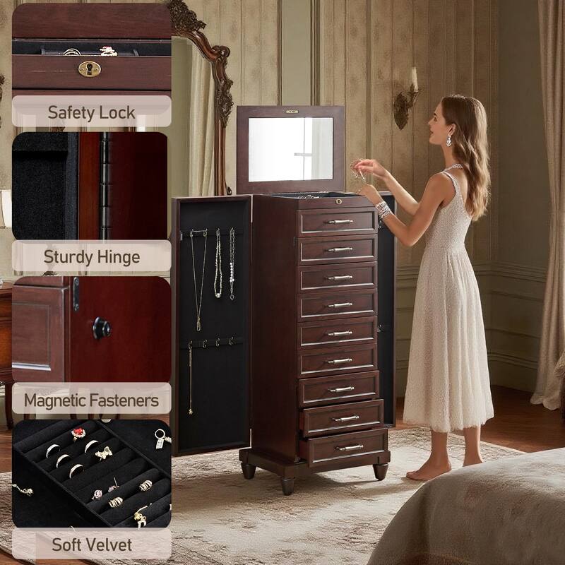Tall Standing Jewelry Armoire with Mirror,Lockable Wooden Jewelry Cabinet with 9 drawers and side door,