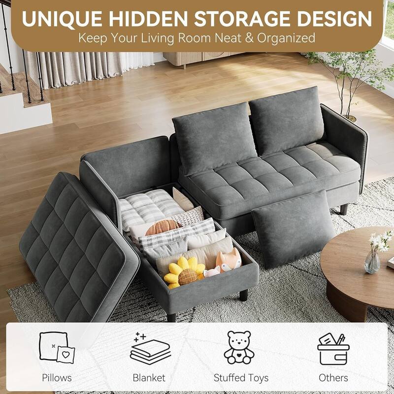 L-Shaped Chenille Convertible Sofa Couch, with Hidden Storage