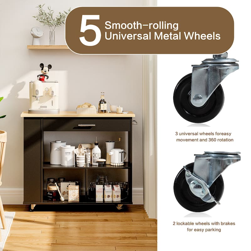 Kitchen Island with Towel Rack – Mobile Cart with Rubber Wood Top, Easy-Glide Storage