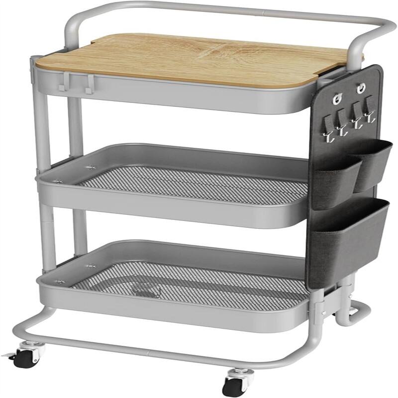 3 Tier Metal Utility Rolling Cart with Table Top and Side Bags - 17.3"D x 18.3"W x 37.3"H - Grey