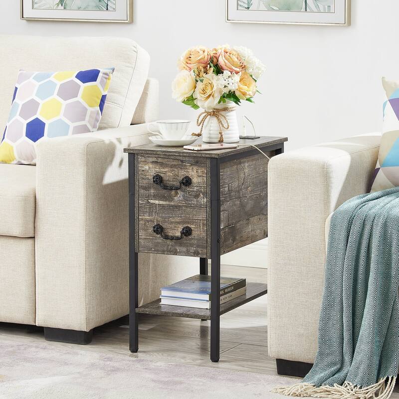 Taomika Industrial 2-Drawer Nightstand with Charging Station 2 USB/2 AC Ports & Open Shelf for Bedroom and Living Room - Old School