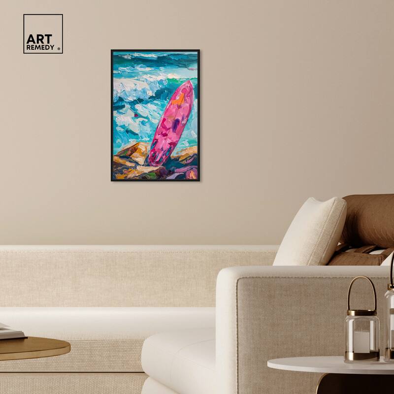 Art Remedy Just A Little Break Wave Framed Colorful Coastal 1 Piece Canvas Wall Art