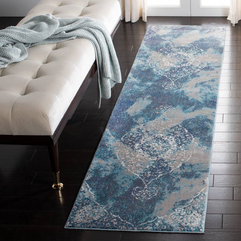 SAFAVIEH Aria Raquelina Medallion Overdyed Distressed Rug - 2' x 8' Runner - Light Blue/Ivory
