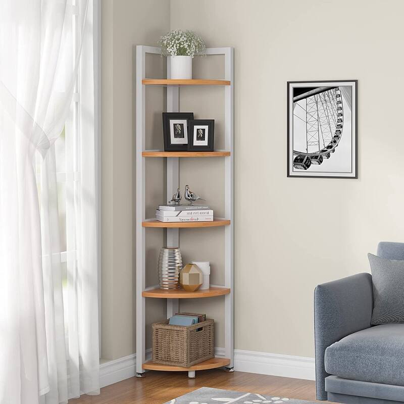 5 Tier Corner Shelves, Rustic Industrial Corner Bookshelf Bookcase