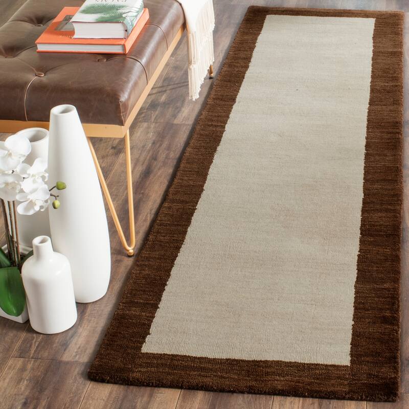 SAFAVIEH Handmade Himalaya Patchwork Dark Brown Border Wool Runner - 2' 3" x 12' - Beige/Dark Brown - Runner
