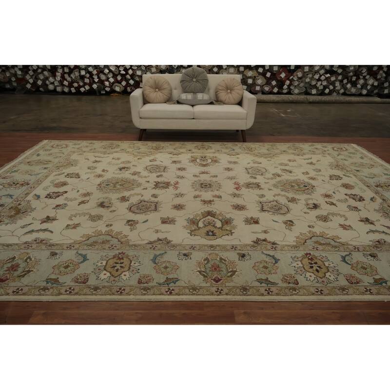 Hand Knotted Oriental 100% Wool Carpet Traditional All-Over Beige & Ivories Peshawar Area Rug - 13' 11'' X 9' 11''