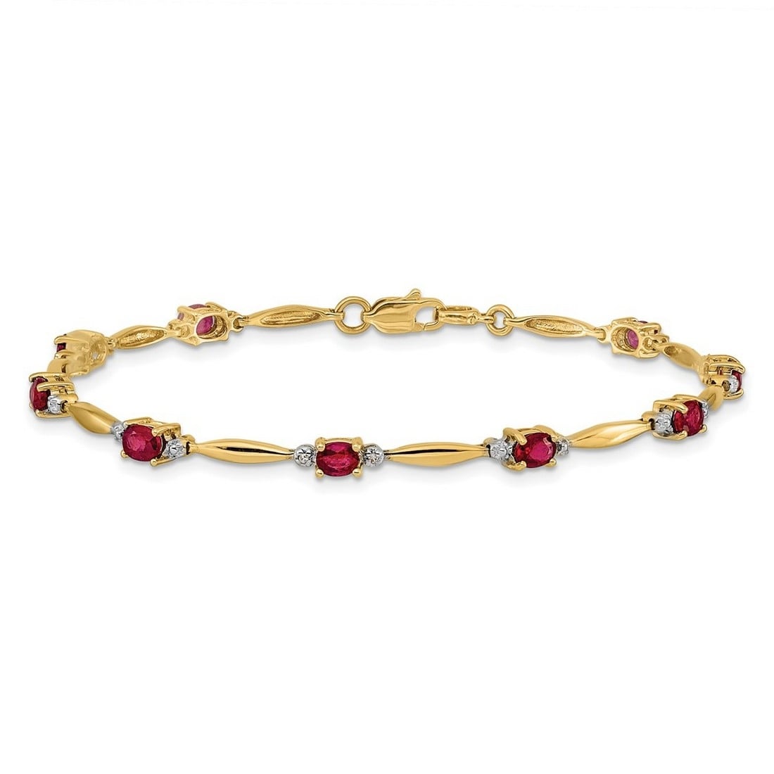 Curata 14k Yellow Gold 7.25" 4mm Diamond and Composite Ruby Oval Bracelet