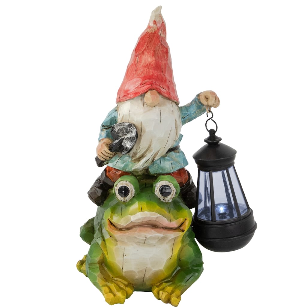 LED Solar Lighted Gnome and Frog Outdoor Garden Statue - 12.5"