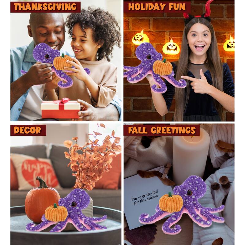 DolliBu Wild Collection Purple Octopus Stuffed Animal w/ Pumpkin Decor - 12 inches