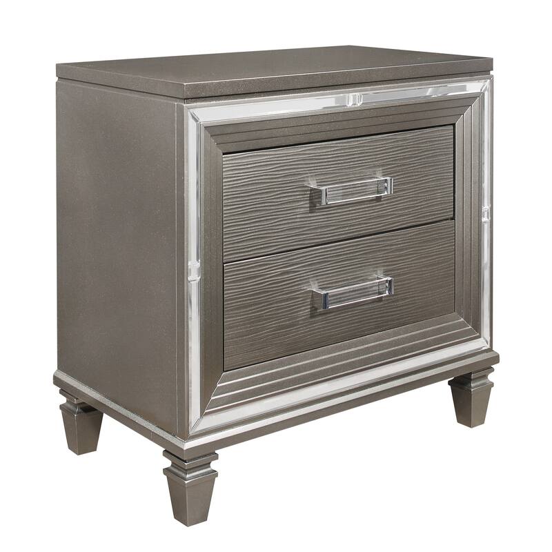 Elegant Style Silver-Metallic Nightstand Beveled Mirror Trim Dovetail Drawers Wooden Furniture