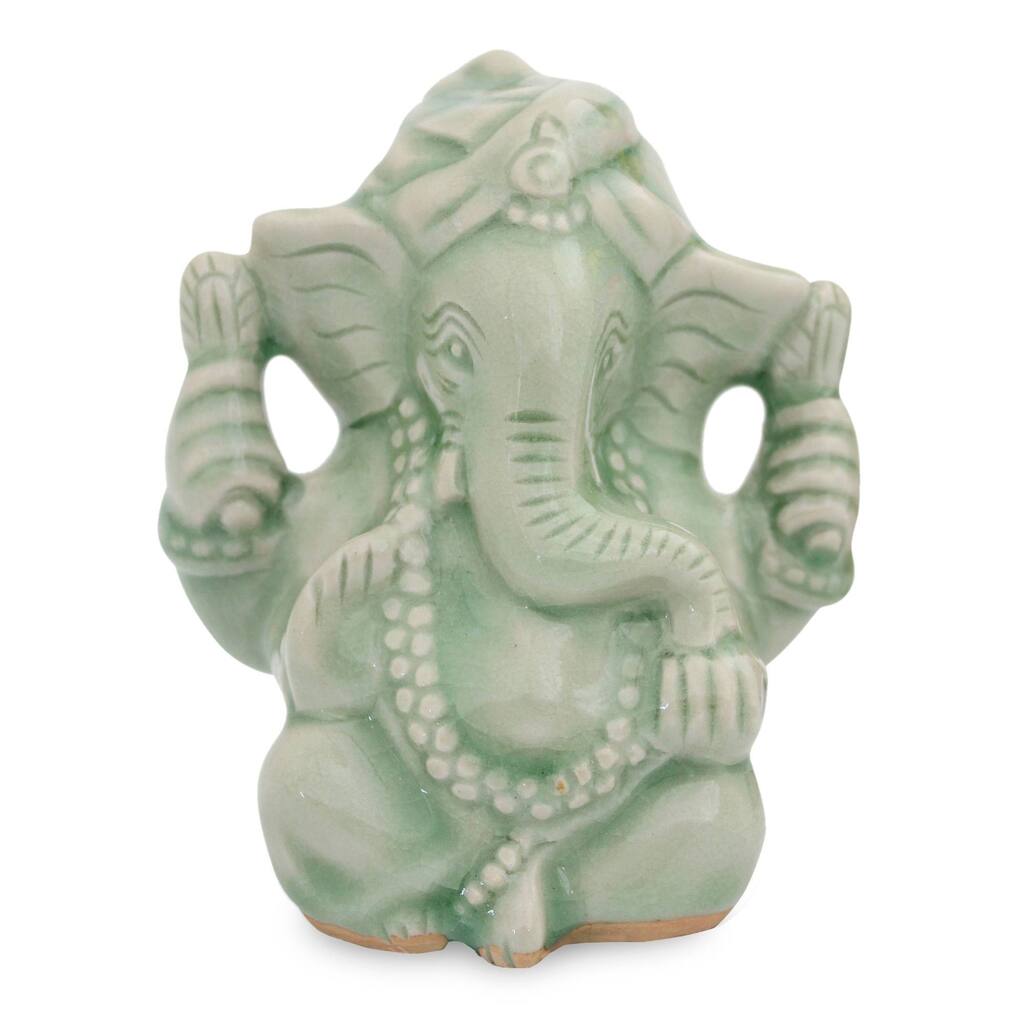 Handmade Faithful Ganesha Celadon ceramic figurine (Thailand) - 16 x 13 x 11