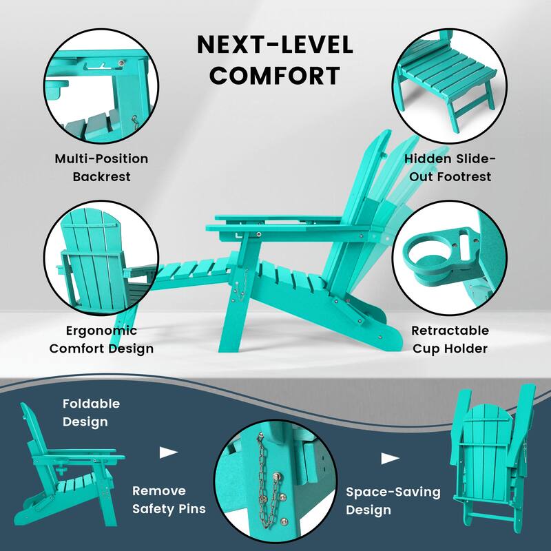 Laguna Outdoor Folding Adjustable Adirondack Chair with Cup Holder & Hideaway Ottoman