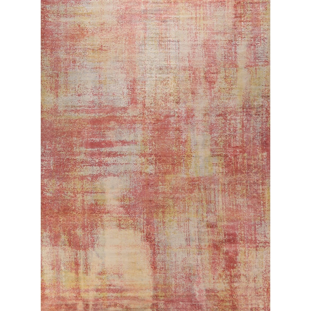 Contemporary Abstract Indian Area Rug Hand-Knotted Orange Wool Carpet - 9'0"x 11'8"