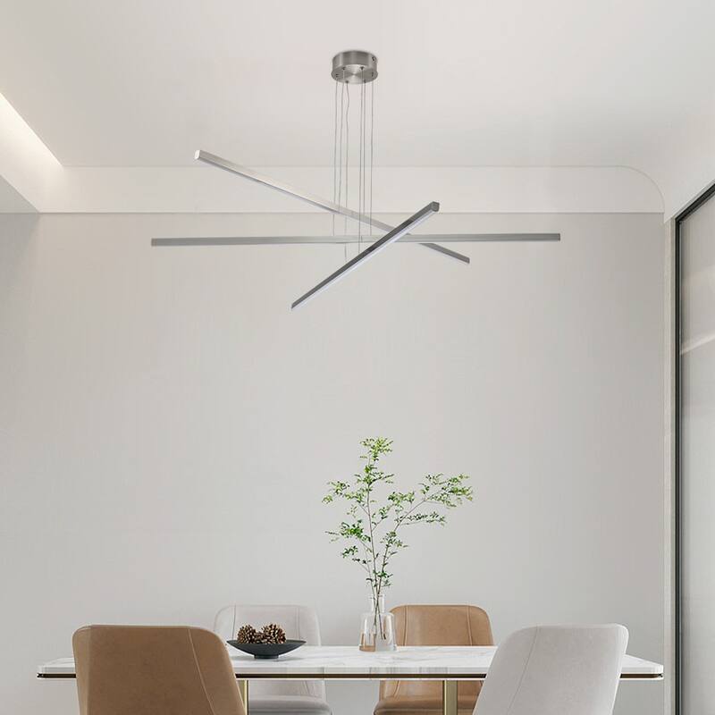 48-Inch Modern LED Chandelier ， Adjustable 3-Arm Geometric Design, Energy-Efficient & Sleek Metal Finish - Chrome